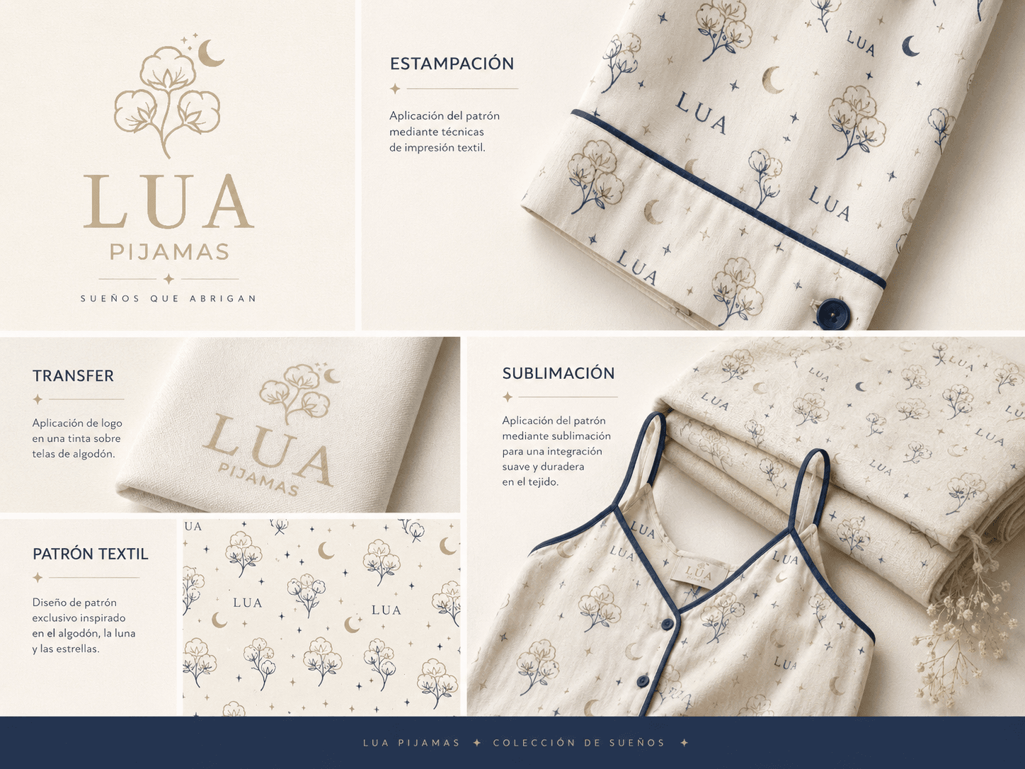 Aplicaciones de marca y patrón textil para LUA Pijamas