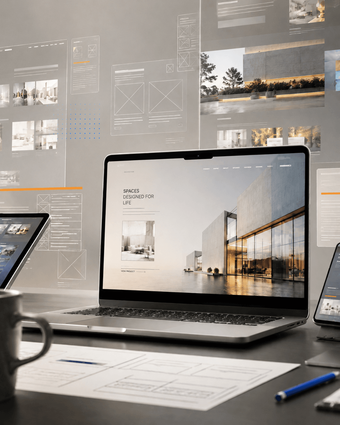 Portátil con wireframes y composición visual de un proyecto web en el estudio ZOF Creativos