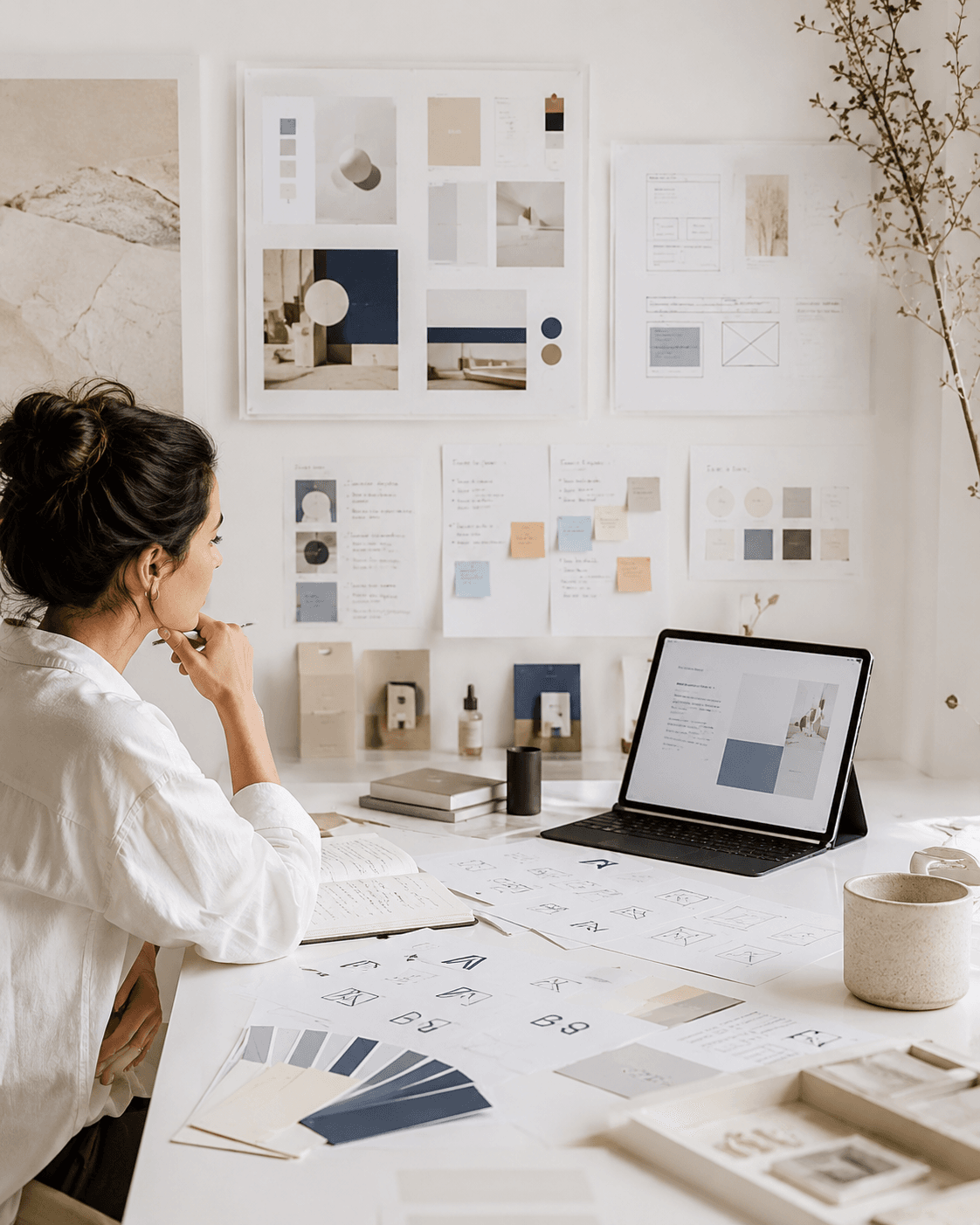 Mesa de dirección creativa con moodboard, paletas y bocetos de identidad