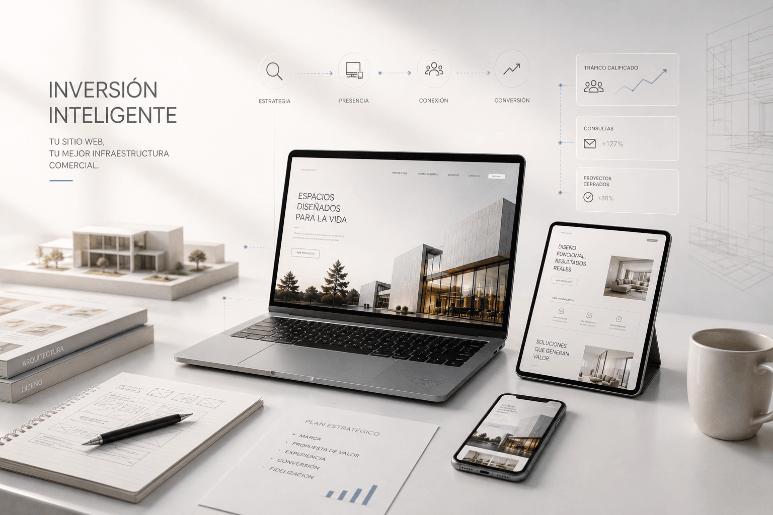 Composición de un proyecto web en portátil, tablet y teléfono