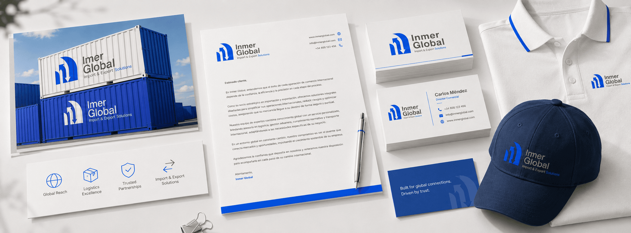 Identidad corporativa de Inmer Global aplicada en logística, papelería y uniformes