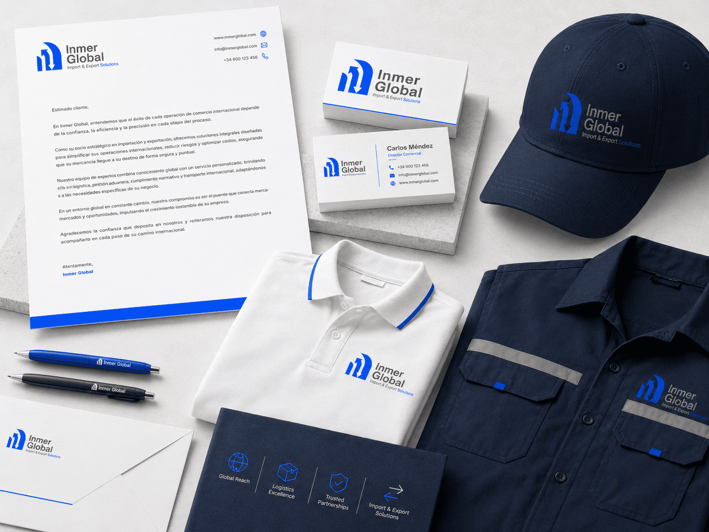 Sistema corporativo de Inmer Global aplicado en papelería y uniformes