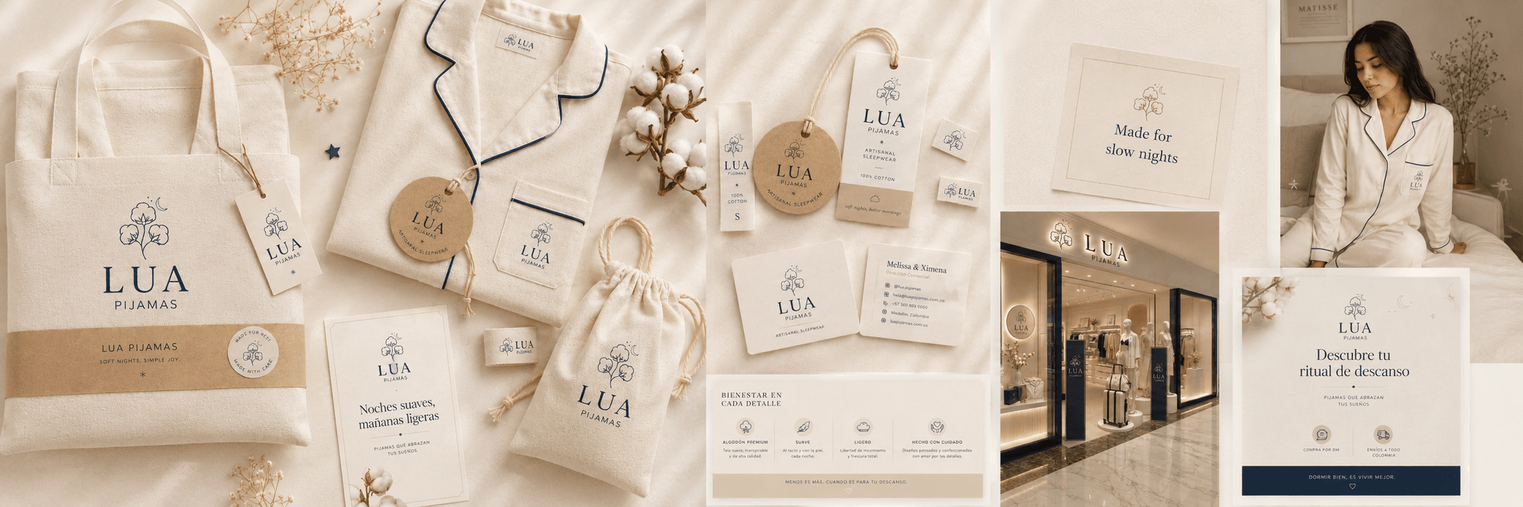 Universo visual de LUA Pijamas aplicado en packaging, retail y comunicación digital