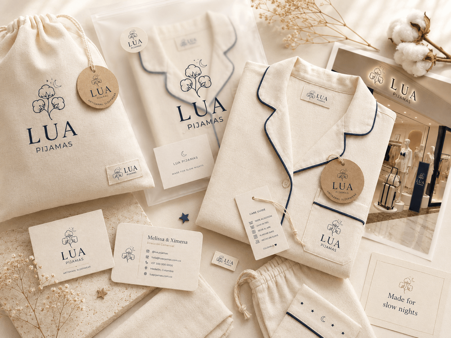 Identidad visual de LUA Pijamas aplicada en producto, etiquetas, packaging y punto de venta